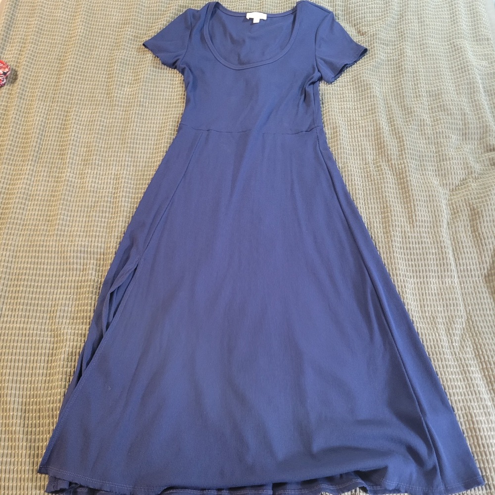 See You Monday Women Dress L Blue Rayon Ribbed Knit Casual A-Line Midi
